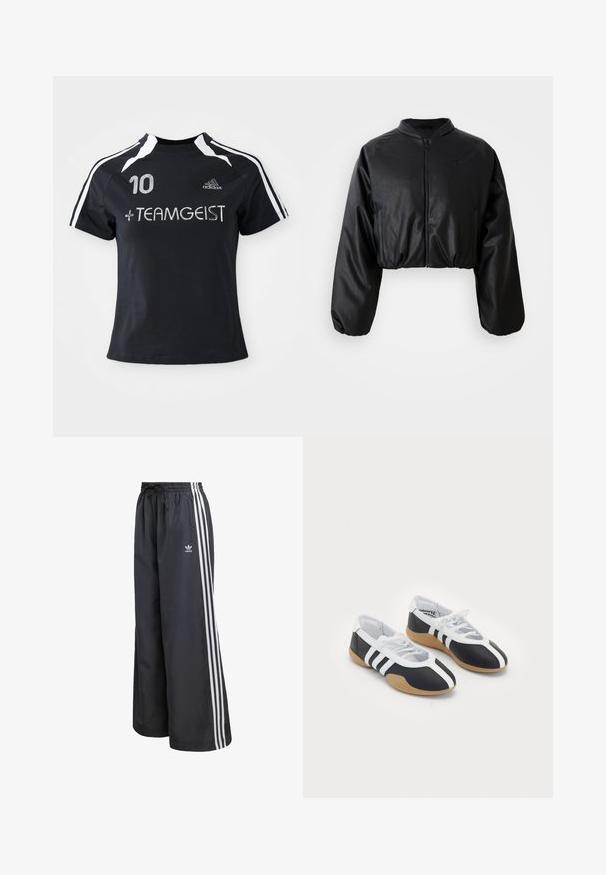 Musthulukem jahe must bomber-jakk, millel on sile, kunstnahast tekstuur, lukuga sulgemine ja elastsed mansetid, mis tagavad kehakumeruse.; Must must sleevesega jersy, millel on valged triibud, esiküljel on broderitud number "10" ja "+ TEAMGEIST". Valmistatud pehmest ja hingavast materjalist.; Mustad kergekaalulised spordipüksid, millel on kolm valget vertikaalset triipu ning kummist vöökoht paelaga.; Mustvalged spordijalatsid, millel on sile disain, kummist tald, paeltest kinni tõmmatav sulgur ja kolm valget triipu külgedel.