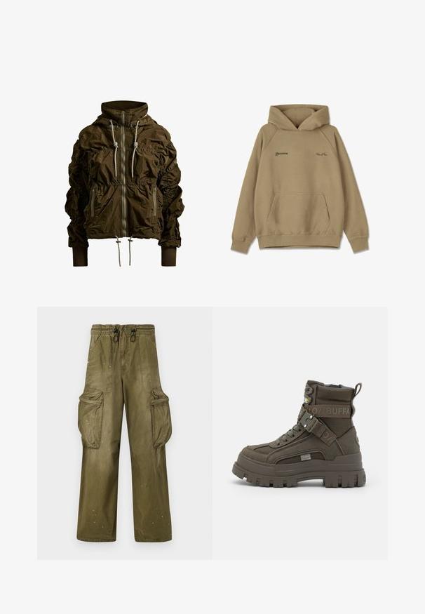 Donkergroene, lichtgewicht jas met geplooide mouwen, een ritssluiting aan de voorkant, trekkoorden bij de capuchon en zoom, en ritszakken aan de zijkanten.; Beige hoodie van fleece materiaal, met een voorkantzak, geribde manchet en geborduurde logo's op de borst.; Olijfgroene cargobroek met een relaxte pasvorm, elastische tailleband, trekkoord, twee zijzakken en twee grote cargozakken. Licht verouderd.; Buffalo ASPHA LACEUP MID - Veterboots - khaki
