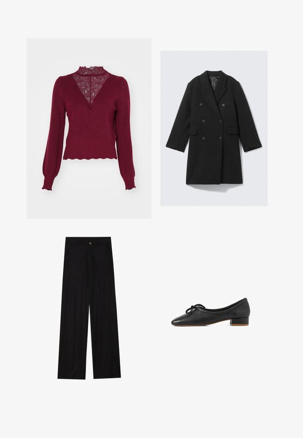 Manteau noir en laine à double boutonnage avec six boutons, revers crantés, deux poches à rabat et manches longues, présenté sur fond blanc.; Pull bordeaux avec un panneau en dentelle et un ourlet en dents de scie. Manches longues avec des poignets à côtes. Présente un décolleté en V et un tricot texturé.; Pantalons noirs à jambes larges en tissu lisse, avec poches avant et fermeture à bouton à la taille. Design minimaliste sans motifs.; Ballerines en cuir noir avec un bout pointu, un petit talon carré et un noeud décoratif sur le dessus. Texture lisse avec un design simple.