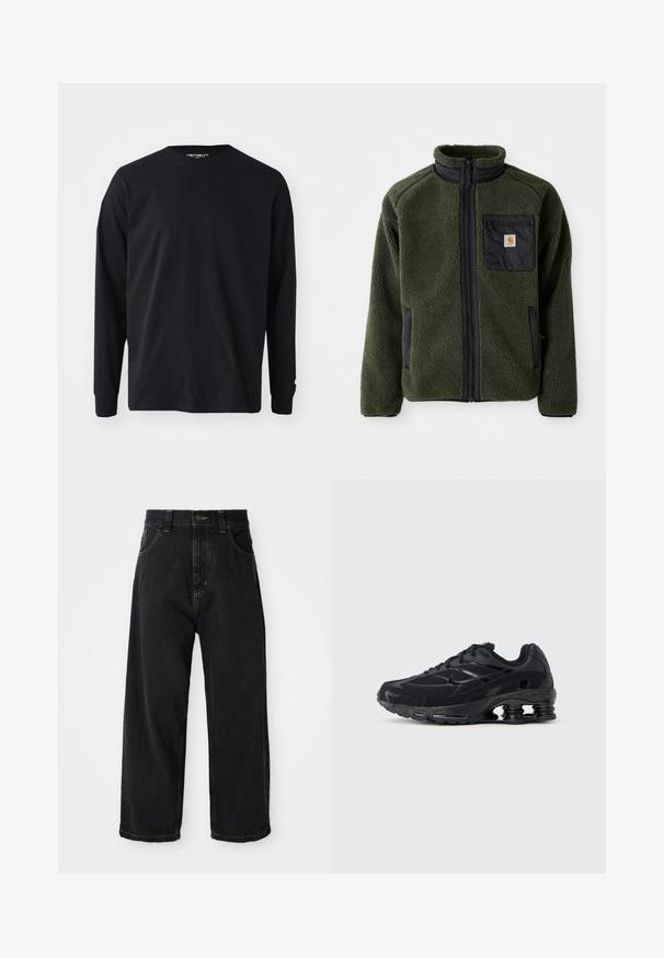 Chaqueta de forro polar verde con un collar alto, acentos negros, bolsillo en el pecho con cremallera y bolsillos laterales. Superficie texturizada, material duradero.; Camiseta negra de manga larga hecha de algodón, con un escote redondo y corte recto, que presenta un pequeño detalle de logo en la manga.; Jeans de denim negros de pierna ancha con cintura alta, botón frontal, cremallera y costuras amarillas en los bolsillos y costuras.; Zapatilla deportiva negra con parte superior de malla, cuello acolchado y tecnología de amortiguación prominente en el talón. Presenta detalles texturizados y cordones.