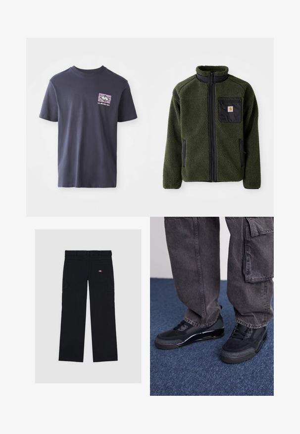 Chaqueta de forro polar verde con un collar alto, acentos negros, bolsillo en el pecho con cremallera y bolsillos laterales. Superficie texturizada, material duradero.; Camiseta de algodón azul marino con cuello redondo y mangas cortas. Presenta un estampado gráfico geométrico en púrpura y blanco en el lado izquierdo del pecho.; Pantalones cargo negros de algodón, con múltiples bolsillos, una textura suave y un parche con el logo en el bolsillo trasero derecho.; Zapatillas deportivas negras con una superficie texturizada, acentos suaves y una suela gruesa, combinadas con pantalones cargo oscuros y holgados.