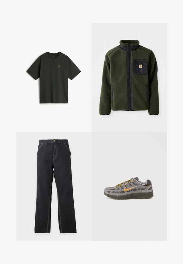 Chaqueta de forro polar verde con un collar alto, acentos negros, bolsillo en el pecho con cremallera y bolsillos laterales. Superficie texturizada, material duradero.; Vans Camiseta básica - dark green; Vaqueros negros de pierna recta con bolsillos delanteros, trabillas para el cinturón y costuras blancas visibles sobre un fondo liso gris claro.; Zapatilla de ante gris con acentos dorados, paneles texturizados y cordones a juego. Cuenta con una suela acolchada y un detalle de logotipo en el lateral.