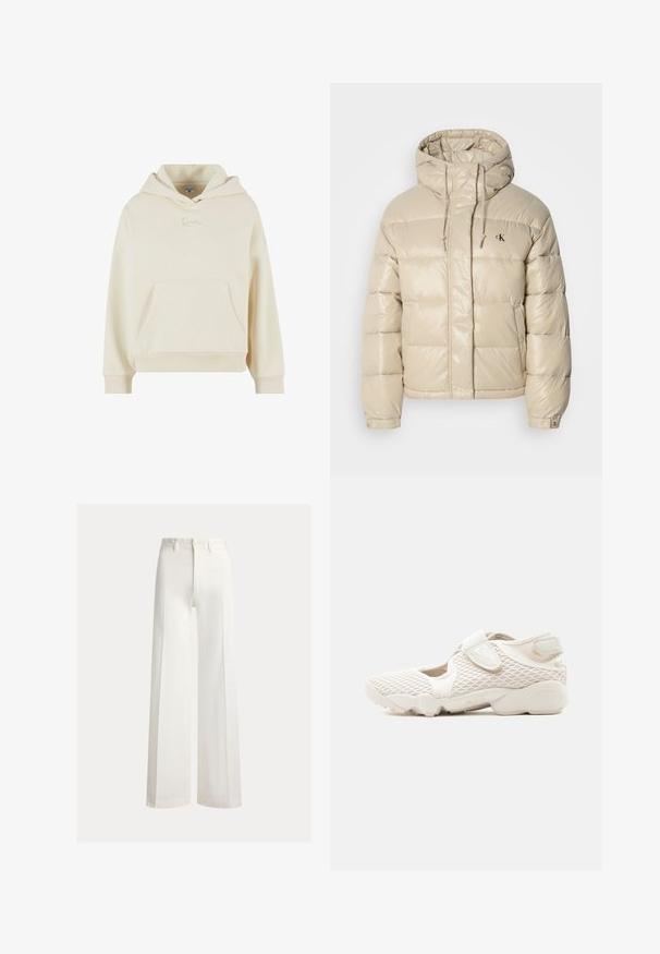 Beige pufferjack met een glanzende afwerking, voorzien van een hoge kraag, verstelbare koordjes en een logo. Boxy vorm, gestikte design en drukknoop manchetten.; Crème hoodie gemaakt van zachte stof. Heeft een voorzak en een subtiel geborduurd logo. Relaxte pasvorm met ribbelboorden en -zoom.; Witte wijde broek met hoge taille, riemlussen en een knoopsluiting aan de voorkant, afgebeeld tegen een effen achtergrond.; Lichtbeige Nike-sneaker met mesh bovenwerk, klittenbandsluitingen, gevoerde zool en uitgesneden zijkanten, ontworpen voor comfort en ademend vermogen.