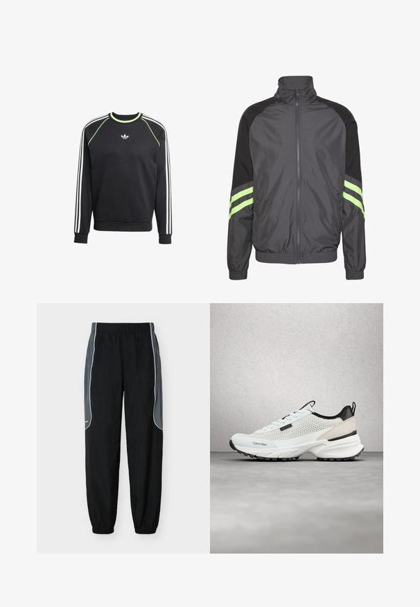 Mustmustöötaja must ja hall windbreaker jakk kõrge kaelusega, tõmbluku esiosaga, elastsete mansettidega ja kahe rohelise triibuga varrukatel. Kerge, sportlik disain.; Must mustriga must ja valgete kolme triibu disainiga varrukatel ja laimiroheline aktsent. Omab ümmargust kaelust ja väikest logo rinnas.; Mustad dressipüksid tumedate hallide küljetahvlitega ja valge triibuga, elastse vöökohaga ja mansettidega, valgel taustal.; Valge ja must Calvin Kleini sportking võrksidemetega ja massiivse tallaga hõljuvad halli põranda kohal klaasplokk-seina lähedal.