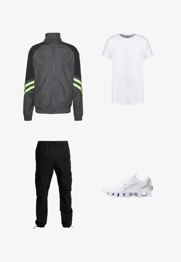 Zwarte en grijze windbreakerjas met een hoge kraag, rits aan de voorkant, elastische manchetten en twee groene strepen op de mouwen. Lichtgewicht, sportief ontwerp.; Witte katoenen t-shirt met korte mouwen, ronde halslijn en een comfortabele pasvorm. Glad textuur en geen zichtbare patronen of ontwerpen.; Zwarte cargobroek van duurzaam materiaal, met een elastische tailleband, verstelbare trekkoorden en zijzakken met kleppen.; Witte sportschoenen met een gestructureerd bovenwerk, een zilveren swoosh-logo, meshpanelen en een opvallende gesegmenteerde witte zool.