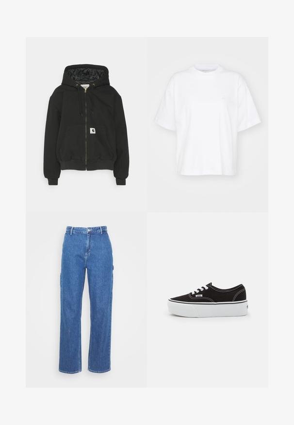 Sort hættetrøje med lynlås foran, elastiske manchetter, en stor frontlomme og en polstret indvendig foring. Carhartt logo-patch på lommen.; Hvid bomulds t-shirt med rund hals, korte ærmer og en afslappet pasform. Har et diskret logo på venstre brystområde. Glat tekstur.; Blå denim bukser med høj talje og lige ben, der har en frontknaplukning og sidelommer. Glat tekstur uden synlige mønstre.; Sort lærred sneakers med en hvid gummi platform sål, der har hvide snørebånd og syninger, ikonisk branding på siden, lav-top design.