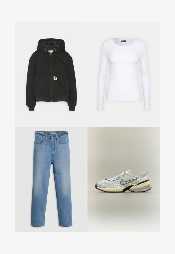 Sort hættetrøje med lynlås foran, elastiske manchetter, en stor frontlomme og en polstret indvendig foring. Carhartt logo-patch på lommen.; Hvid ribbet langærmet trøje med rund halsudskæring. Fremstillet af et strækstof, der sidder tæt til kroppen. Har subtile horisontale linjer.; Lysblå lige ben denimbukser med forlommer, bæltestropper og en knaplukning på en ensfarvet baggrund.; Hvid og grå Nike-sneaker med mesh-overdel, sort swoosh, beige mellemsål og sort ydersål på en lys baggrund.