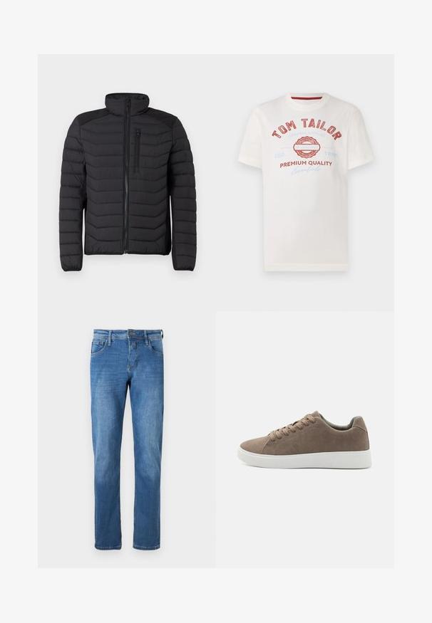 Sort isoleret jakke med en quiltet design, høj krave, lynlåslukning foran og en brystlomme. Har teksturerede skulderdetaljer.; Hvid bomulds T-shirt med rød og blå tryk med "TOM TAILOR", et cirkulært logo og teksten "PREMIUM QUALITY" i forskellige skrifttyper.; Denim jeans i medium blå med lige pasform. Har fem lommer, en knaplukning og synlige syninger langs sømmene.; Brune ruskinds sneakers med flade hvide gummisåler, snørelukning, rund tå og en glat overflade. Minimalistisk stil med diskrete syninger.