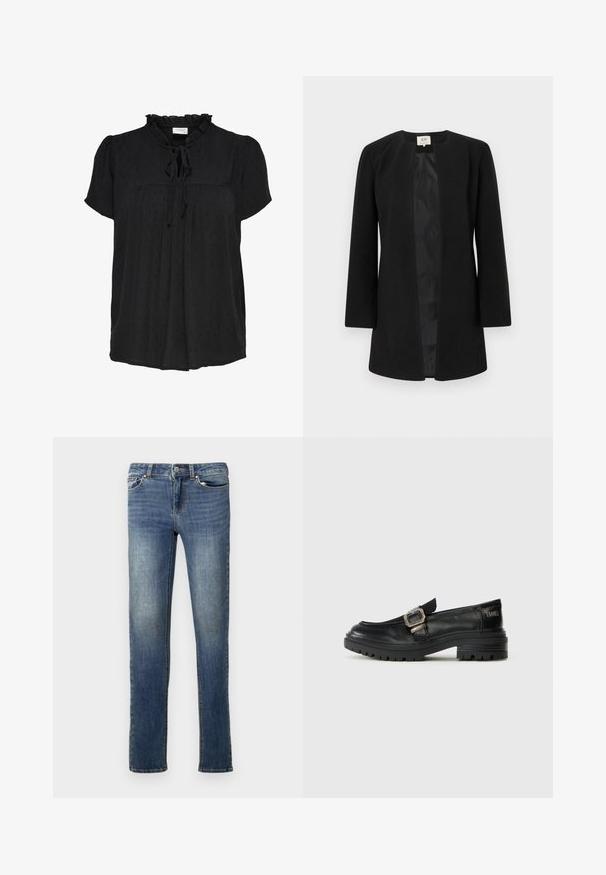 Abrigo negro de manga larga con apertura frontal sin cuello, corte recto y forro interior liso.; Blusa negra de manga corta con escote con volantes y detalle de lazo. Presenta un patrón de puntos texturizados y un diseño de pliegues en el frente. Tejido suave.; Jeans de mezclilla azul oscuro con un corte de pierna recta. Incluyen pasadores para cinturón, dos bolsillos frontales y un ligero desgaste. Diseño clásico de cinco bolsillos.; Mocasines de cuero negro con acento de hebilla, que cuentan con una suela texturizada y una punta redondeada. El diseño es elegante con un tacón ligeramente elevado.