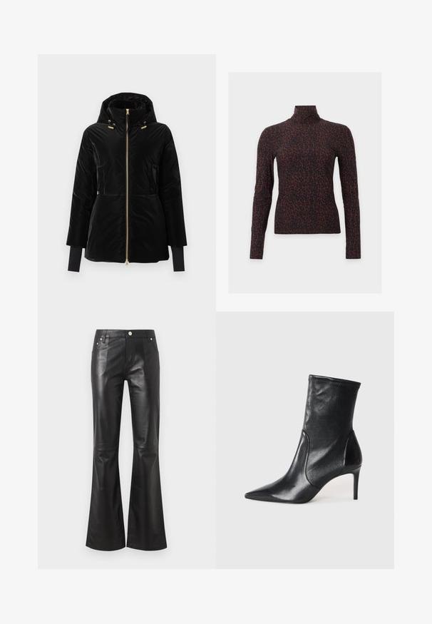 Veste matelassée noire avec capuche, fermeture éclair dorée, cordons de serrage et poignets intérieurs prolongés sur un fond clair uni.; Haut à manches longues et col montant avec motif léopard marron foncé et noir sur fond uni.; Pantalon taille haute en simili cuir noir avec jambes évasées, fermeture devant par bouton et fermeture éclair, poches devant et derrière.; Bottes noires à la cheville en cuir lisse, dotées d'un bout pointu, d'un tige ajustée et d'un talon haut fin. Design minimaliste sans quincaillerie visible.
