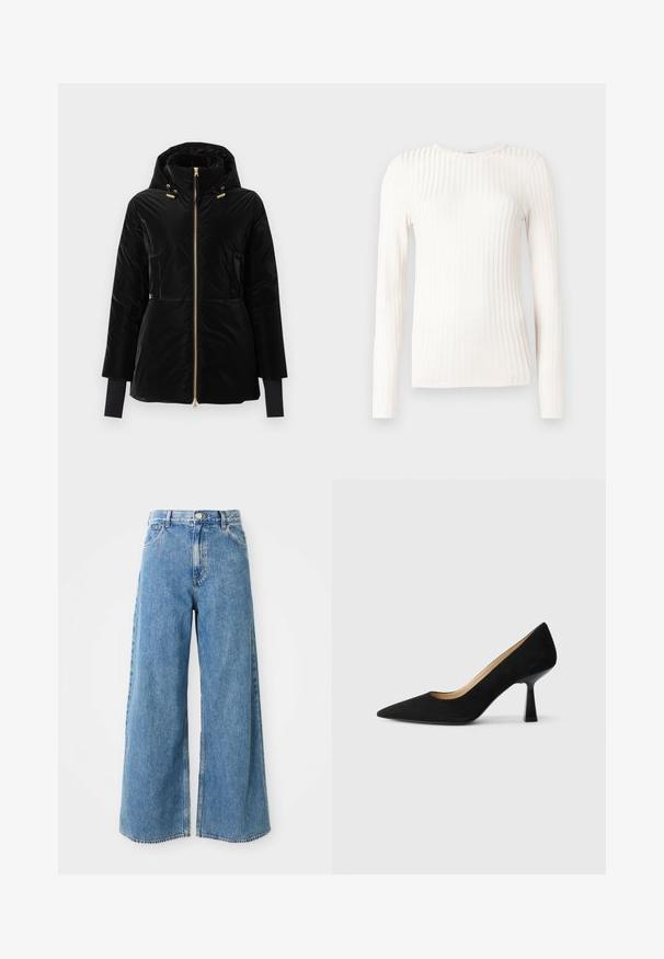 Veste matelassée noire avec capuche, fermeture éclair dorée, cordons de serrage et poignets intérieurs prolongés sur un fond clair uni.; Top blanc à manches longues en tissu côtelé. Il présente un col rond et une silhouette ajustée, avec des rayures texturées courant verticalement.; Jean en denim léger bleu clair à taille haute, avec fermeture à boutons et à glissière à l'avant, et poches avant sur fond blanc.; Pompe à talons hauts en suède noir avec un bout pointu, dotée d'un talon bloc noir brillant et d'une doublure intérieure lisse.