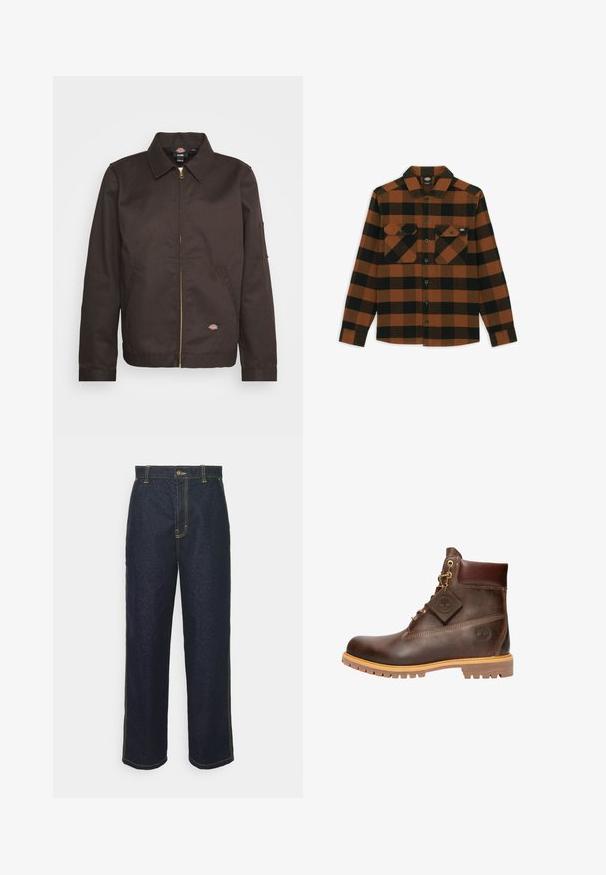 Chaqueta marrón con cremallera y cuello tipo solapa, bolsillos laterales y un pequeño parche con logo. Confeccionada con tejido resistente, cuenta con mangas largas.; Camisa de manga larga en un patrón de cuadros naranja y negro, hecha de una tela texturizada. Presenta dos bolsillos en el pecho y cierre frontal con botones.; Jeans de mezclilla oscuros de pierna ancha con costuras amarillas, que cuentan con un cierre frontal de botón y bolsillos laterales. Textura suave y diseño tradicional.; Botín de cuero marrón hasta el tobillo con punta redonda, suela resistente, herrajes en tono dorado y parte superior texturizada. Incluye una etiqueta con el logo adjunta.