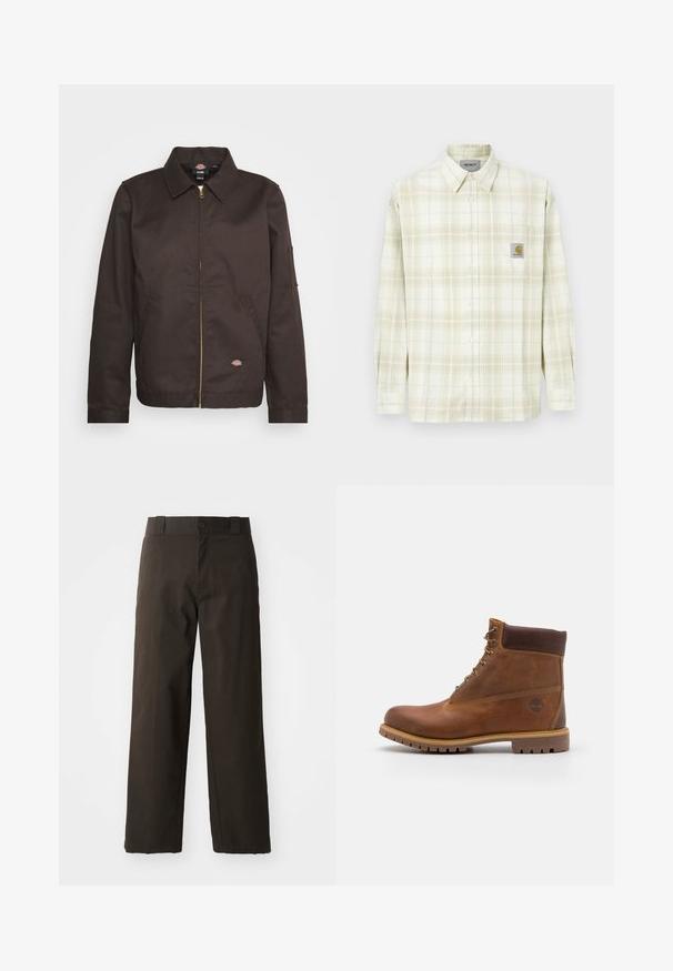 Chaqueta marrón con cremallera y cuello tipo solapa, bolsillos laterales y un pequeño parche con logo. Confeccionada con tejido resistente, cuenta con mangas largas.; Camisa de cuadros de tonos claros con mangas largas, cierre de botones en la parte delantera y un bolsillo en el pecho con un parche de logo. Material de algodón con una textura suave.; Pantalones de algodón negros con un diseño de pierna recta, que cuentan con un cierre de botón y una cinturilla clásica. Textura suave, sin patrones ni acentos.; Botas de senderismo de cuero marrón con un acabado suave, tobillo acolchado, ojales de metal y suela de goma con un patrón de tracción robusto.