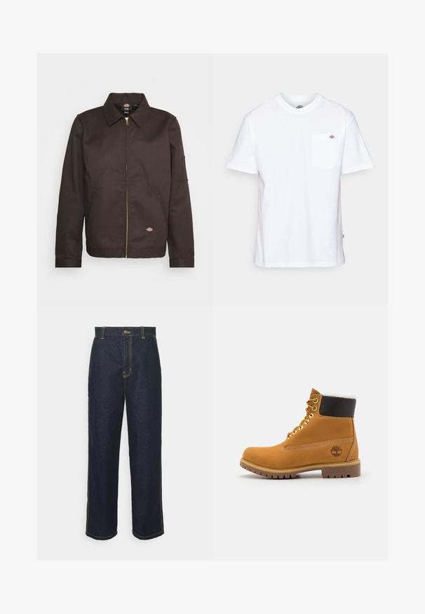 Chaqueta marrón con cremallera y cuello tipo solapa, bolsillos laterales y un pequeño parche con logo. Confeccionada con tejido resistente, cuenta con mangas largas.; Camiseta de algodón blanca con cuello redondo, mangas cortas y un bolsillo en el pecho que presenta un pequeño logotipo de la marca en el lado izquierdo.; Jeans de mezclilla oscuros de pierna ancha con costuras amarillas, que cuentan con un cierre frontal de botón y bolsillos laterales. Textura suave y diseño tradicional.; Botín de cuero marrón con ojales de metal, forro de piel sintética blanca, cuello acolchado negro, suela resistente y logotipo en relieve en el costado.