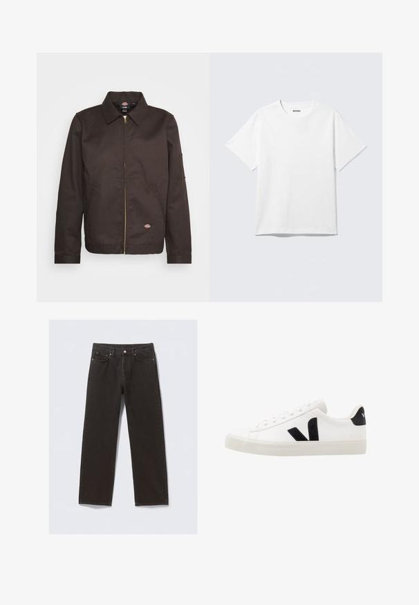 Brun zip-up jakke med krave, sidelommer og et lille logo-patch. Fremstillet af slidstærkt stof med lange ærmer.; Hvid kortærmet crewneck T-shirt lagt fladt ud, ensfarvet design, med "WEEKDAY" mærkat inde i kraven på en lys baggrund.; Svarte denimjeans med straight-leg design, fem lommer og kobberfarvet syning. Glat tekstur, klassisk knaplukning i taljen.; Hvide lædersneakers med sorte ruskindsdetaljer; har en gummisål, rund tå og klassisk snørebåndsdesign. Side logo i sort.