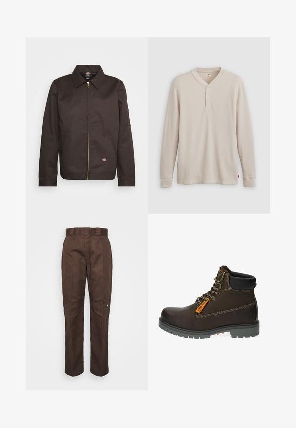 Brun zip-up jakke med krave, sidelommer og et lille logo-patch. Fremstillet af slidstærkt stof med lange ærmer.; Langærmet henley-skjorte i lys beige ribbet stof, med V-hals, tre-knap placket og manchetter ved ærmerne. Rød logo-tags ved kanten.; Brune, lige bukser med en glat tekstur. Har beltestropper, sidesømme og et lille mærke-logo på venstre ben.; Brun læder ankelstøvle med grå gummisål, orange accentmærke og metaløjer. Har kontraststikning og polstret krave.