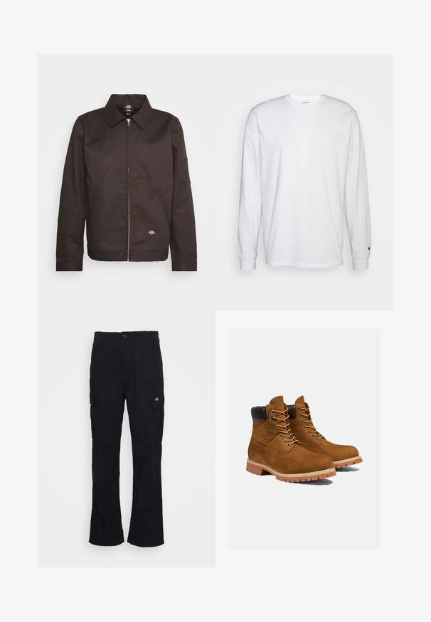 Veste zippée marron avec un col, des poches latérales et un petit patch logo. Confectionnée en tissu robuste, elle possède des manches longues.; T-shirt blanc à manches longues en coton. Design à col rond avec des poignets côtelés et un petit logo sur la manche gauche. Texture lisse.; Pantalons cargo noirs avec une coupe droite, fabriqués en tissu durable, dotés de poches latérales et d'un logo en patch sur le côté gauche.; Bottines en daim marron avec un col rembourré noir, œillets dorés et semelle en caoutchouc épais avec un motif à crampons pour l'adhérence.