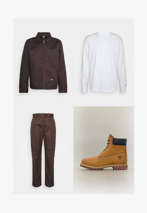 Veste zippée marron avec un col, des poches latérales et un petit patch logo. Confectionnée en tissu robuste, elle possède des manches longues.; T-shirt blanc à manches longues en coton. Design à col rond avec des poignets côtelés et un petit logo sur la manche gauche. Texture lisse.; Pantalon marron à jambe droite avec une texture lisse. Présente des passants de ceinture, des coutures latérales et un petit logo de marque sur la jambe gauche.; Bottine en cuir marron avec col noir, lacets jaunes et semelle beige. Présente un logo et des détails de couture blanche. Semelle extérieure à traction robuste.