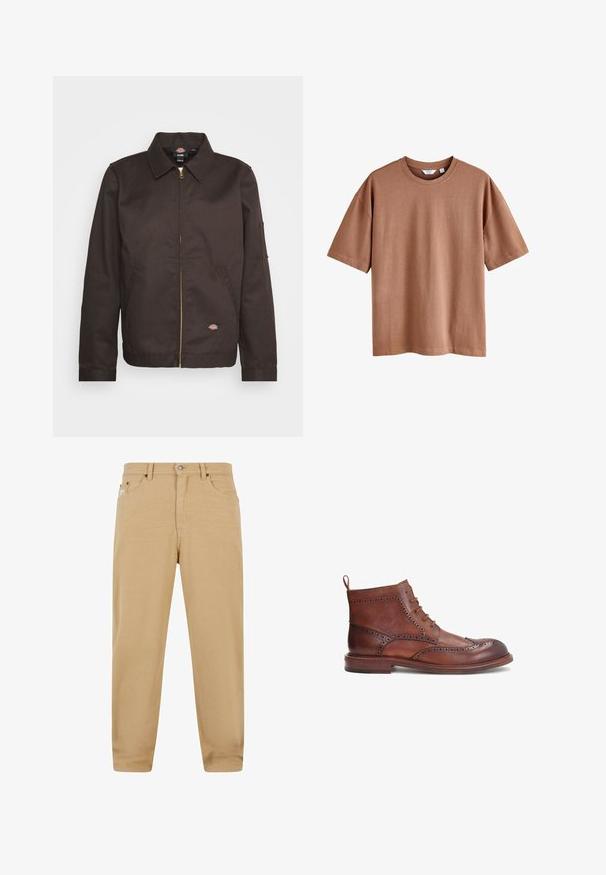 Pruun tõmblukuga jakk, millel on krae, küljetaskud ja väike logoga riie. Valmistatud tugevast kangast, pikkade varrukatega.; Next RELAX FIT HEAVYWEIGHT T-SHIRT. - REGULAR FIT - Lihtne T-särk - stone; Beežid puuvillased püksid sirge lõikega, millel on tõmblukk, viis taskut ja diskreetne õmblustäpsus. Sile tekstuur ja klassikaline disain.; Pruun nahast saabas, dekoratiivsete brogue-Detailidega, ümmarguse sõrmega, nöörimise disainiga ja madala kuhjuva kontsaga. Includes a rear pull tab.