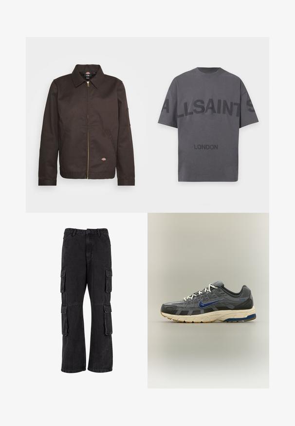 Braune Zip-Jacke mit Kragen, Seitentaschen und einem kleinen Logo-Patch. Hergestellt aus strapazierfähigem Stoff, mit langen Ärmeln.; Graues Baumwoll-T-Shirt mit Rundhalsausschnitt. Mit auffälligem schwarzen Text "ALLSAINTS" über der Brust und "LONDON" am unteren Ende. Kurze Ärmel.; Schwarze Cargo-Hosen aus Denim, mit lockerer Passform, mehreren Seitentaschen und genähten Details. Die Textur ist leicht verblasst.; Grauer und schwarzer Nike-Laufschuh mit blauem Swoosh-Logo, weißen Schnürsenkeln und beiger Sohle mit blauen und braunen Profilakzenten.