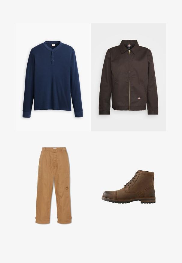 Bruine ritssluitingjack met een kraag, zijzakken en een klein logopatch. Gemaakt van stevige stof, met lange mouwen.; Langdraagbare marineblauwe henley shirt van ribstof. Heeft een ronde halslijn en een knoopsluiting met drie knopen. De mouwen zijn aangesloten.; Khaki werkbroek, gemaakt van duurzaam materiaal, heeft meerdere zakken, een knoopsluiting en een geborduurd logo op de dij.; Bruine leren enkellaars met veters aan de voorkant en een robuuste zool, ontworpen voor casual of buitengebruik.