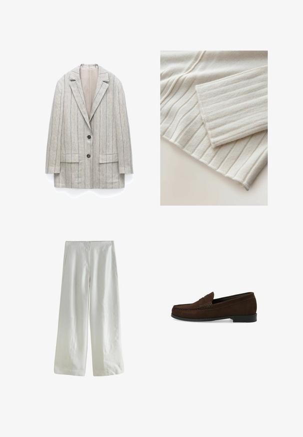 Lichtgrijze blazer met dunne verticale zwarte en gele strepen, twee donkere knopen, ingesneden revers en voorzakken met klep.; Geribbelde gebreide trui in lichtbeige. Heeft een zachte textuur met verticale lijnen en een omgeslagen manchet. Materiaal lijkt gezellig en warm.; Witte wijduitlopende broek met hoge taille, voorplooi en een verborgen sluiting met knoop en rits.; Bruine suède instapschoenen met een gestikt moccasin-neus, platte zwarte rubberen zool en een decoratieve bovenband en detail.