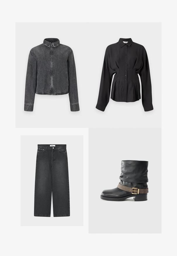 Donkerdenim jas met een staande kraag, rits aan de voorkant en lange mouwen. Kenmerkt zich door contrasterend stiksels en een verkorte zoom.; Zwarte lange mouwen shirt in een gladde stof, met een knoopsluiting aan de voorkant, een gebogen zoom en gevouwen details in de taille voor een pasvorm op maat.; Zwarte denim wijde broek met hoge taille, voorzakken en een knoopsluiting. Voorzien van een taillekoord en een gladde textuur.; Zwarte lederen enkelboot met een slordig ontwerp, voorzien van een gestreepte bruine band en een gouden gespaccent. Stevige zwarte hak.