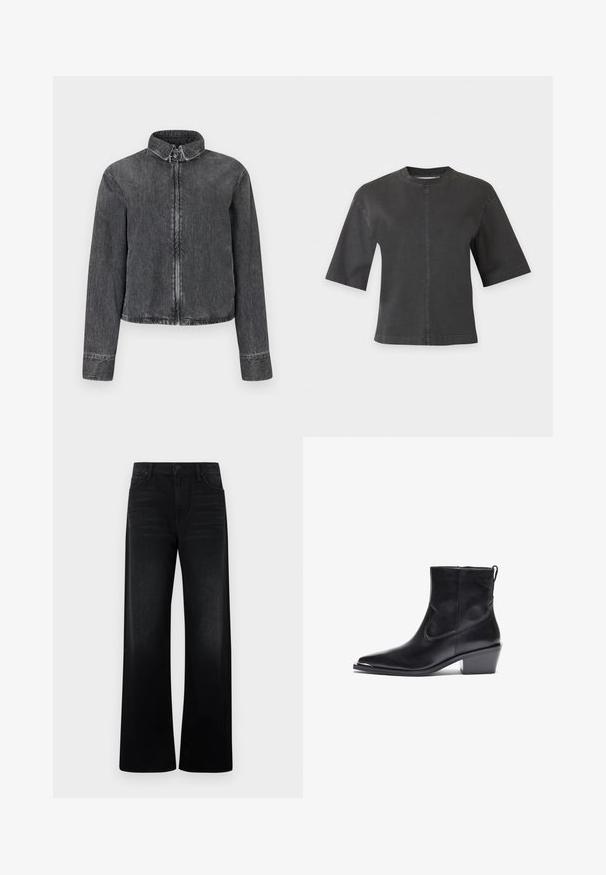 Dunkelblaue Jeansjacke mit Stehkragen, Frontreißverschluss und langen Ärmeln. Verfügt über kontrastierende Nähte und einen kurzen Saum.; Dunkelgraues, kurzärmeliges Shirt mit rundem Ausschnitt und zentralem, vertikalem Nahtdetail, dargestellt auf hellem, einfarbigem Hintergrund.; Schwarze Jeans mit hoher Taille und weitem Bein, vorne mit Taschen und Gürtelschlaufen, vor einfarbig hellem Hintergrund präsentiert.; Schwarzer Leder-Ankle-Boot mit spitzer Zehe und niedrigem Blockabsatz. Mit einem Seitenreißverschluss und minimalen Nähdetails für ein elegantes Design.