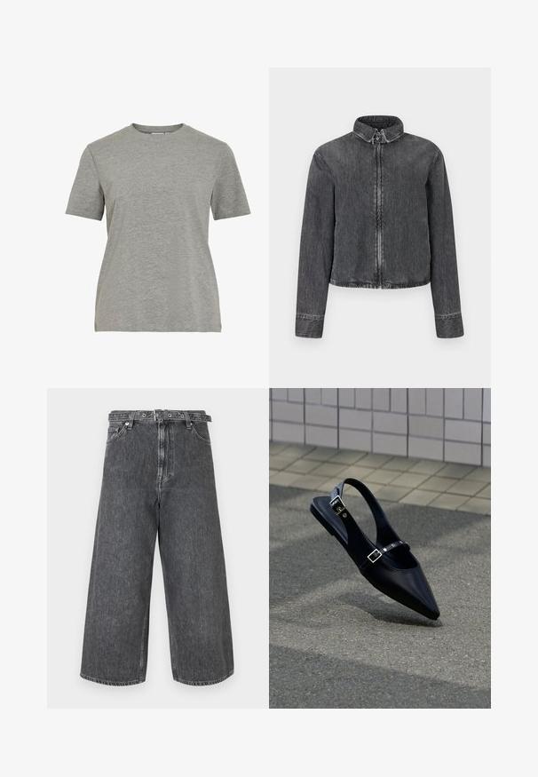Mørk denimjakke med stående krave, frontlynlås og lange ærmer. Har kontrasterende syninger og en cropped kant.; Grå bomulds-T-shirt med klassisk rund hals, korte ærmer og en glat tekstur, egnet til afslappet brug.; Bredde ben jeans i mørkegrå denim. Høj talje med knap- og lynlåslukning, færdige kanter og subtilt slid.; Sort flad slingback med spids tå og dobbelte spænder, hvilende på grå asfalt nær flisevæg.