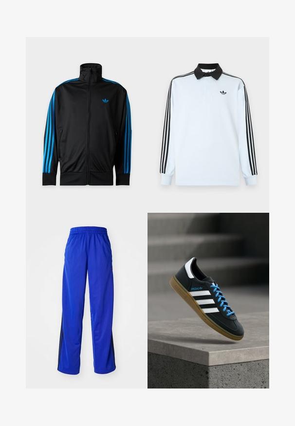Sort træningsjakke med lynlås og høj krave, blå striber ned ad ærmerne og lille blåt Adidas-logo på venstre bryst.; Lyseblå langærmet poloshirt med sort krave, tre sorte striber på ærmerne og et lille sort logo på brystet.; Blå sportsbukser med elastisk talje, med sidelister i sort, løstsiddende pasform og glat tekstur.; Sort Adidas sneaker med hvide striber, blå snørebånd og gummisål, der svæver over gråt betontrin i blødt lys.