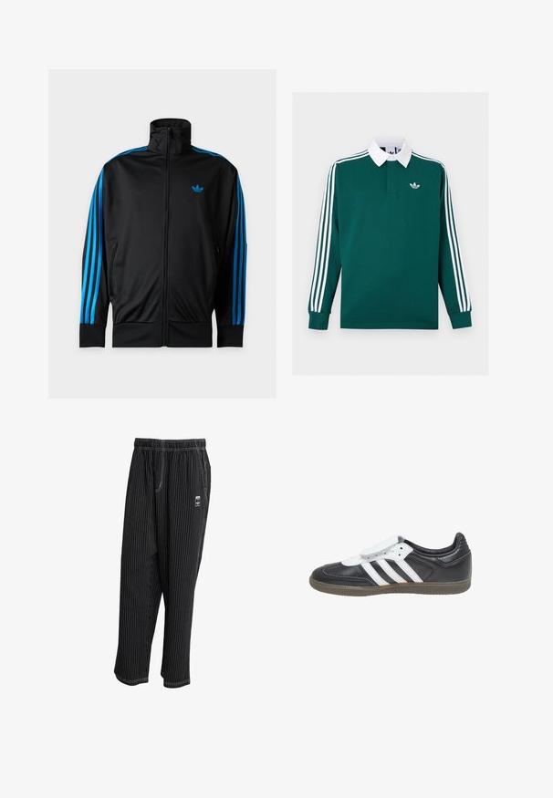 Zwarte trainingsjas met rits en hoge kraag, blauwe strepen langs de mouwen en klein blauw Adidas-logo op de linkerborst.; Donkergroen rugbyshirt met lange mouwen, witte kraag, drie witte strepen op de mouwen en klein wit Adidas-logo op de borst.; Zwarte pinstriped broeken met een elastische tailleband, zijzakken en een klein logo label aan de voorkant. Lichte stof met een gladde textuur.; adidas Originals SAMBA LT - Sneakers laag - core black footwear white gum