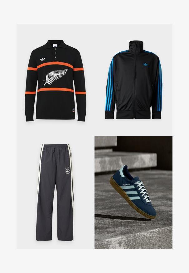 Veste de sport noire zippée avec col haut, bandes bleues sur les manches, petit logo Adidas bleu sur la poitrine gauche.; Polo noir à manches longues avec des rayures orange, présentant un motif de fougère blanche et une patte de boutonnage à trois boutons. Inclut un logo brodé sur la poitrine.; Pantalon de jogging gris foncé avec des bandes blanches sur les côtés, une taille élastique et un logo circulaire avec trois étoiles sur la cuisse gauche. Tissu léger.; Baskets Adidas Spezial bleues avec des rayures et des lacets blancs, semelle en gomme, flottant au-dessus d'une surface en béton rugueuse et des marches en arrière-plan.