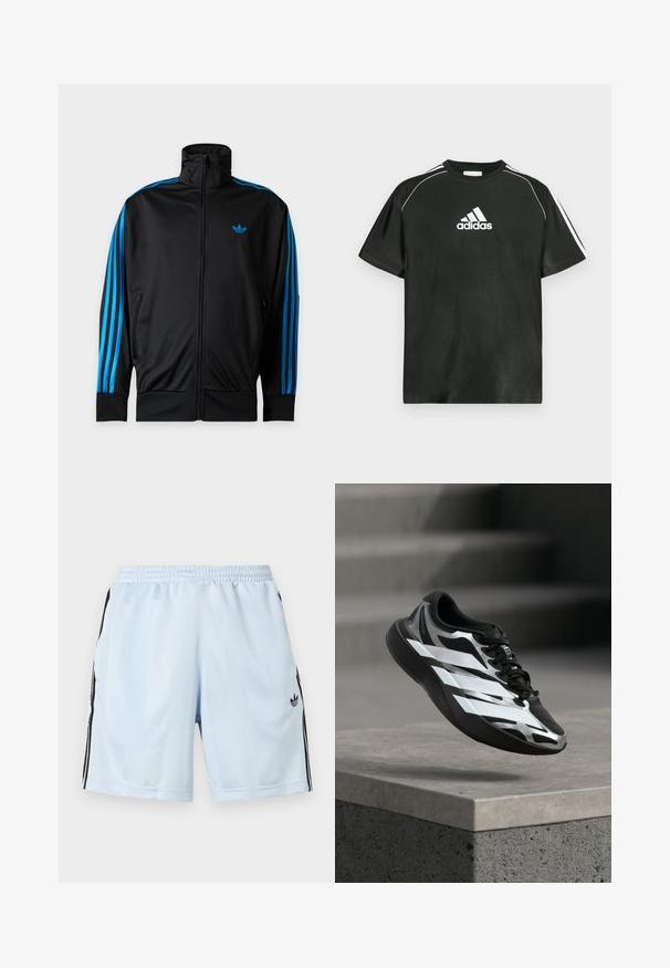 Μαύρο φούτερ με φερμουάρ και ψηλό γιακά, μπλε ρίγες στα μανίκια και μικρό μπλε λογότυπο Adidas στο αριστερό στήθος.; Μαύρο κοντομάνικο μπλουζάκι με λευκό λογότυπο Adidas στο στήθος και λευκές ρίγες στους ώμους. Κατασκευασμένο από λείο ύφασμα, άνετη εφαρμογή.; Αθλητικό σορτς σε ανοιχτό μπλε χρώμα από λείο ύφασμα, με μαύρες πλευρικές ρίγες και κεντημένο λογότυπο στο κάτω αριστερό πόδι.; Μαύρο και ασημί αθλητικό παπούτσι με λευκές ρίγες στον αέρα πάνω από ένα τσιμεντένιο τελείωμα, τα σκαλοπάτια της σκάλας είναι θολά στο φόντο.