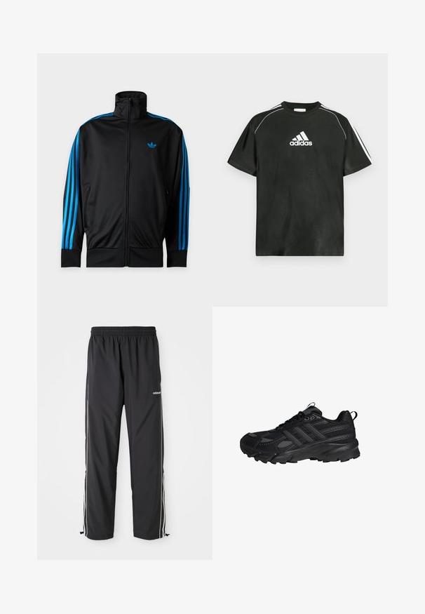 Schwarze Trainingsjacke mit Reißverschluss und hohem Kragen, blauen Streifen an den Ärmeln und kleinem blauem Adidas-Logo auf der linken Brust.; Schwarzes T-Shirt mit kurzen Ärmeln, weißem Adidas-Logo auf der Brust und weißen Streifen auf den Schultern. Aus glattem Stoff, in lockerem Schnitt.; Schwarze Sporthose aus leichtem Material, mit weißen Seitenstreifen, einem elastischen Bund und verstellbaren Knöchelbündchen.; Schwarzer Sportschuh mit Schnürung vorne, strukturierter Sohle und gepolstertem Kragen, seitlich auf weißem Hintergrund gesehen.