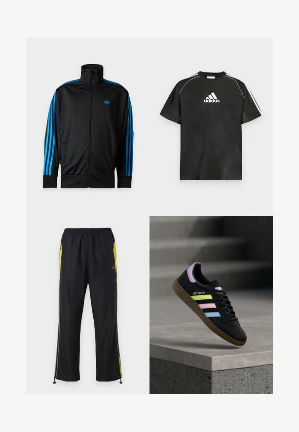 Sort træningsjakke med lynlås og høj krave, blå striber ned ad ærmerne og lille blåt Adidas-logo på venstre bryst.; Sort T-shirt med korte ærmer, hvide Adidas-logo på brystet og hvide striber på skuldrene. Fremstillet af glat stof, afslappet pasform.; Sorte træningsbukser med gule sideaccenter, elastisk talje og lynlåslommer på siden. Fremstillet af let og glat stof.; Sort Adidas Spezial sneaker med pastelgule, pink og blå striber, lavendel hælstrop og brun sål, svævende over betonforkant.