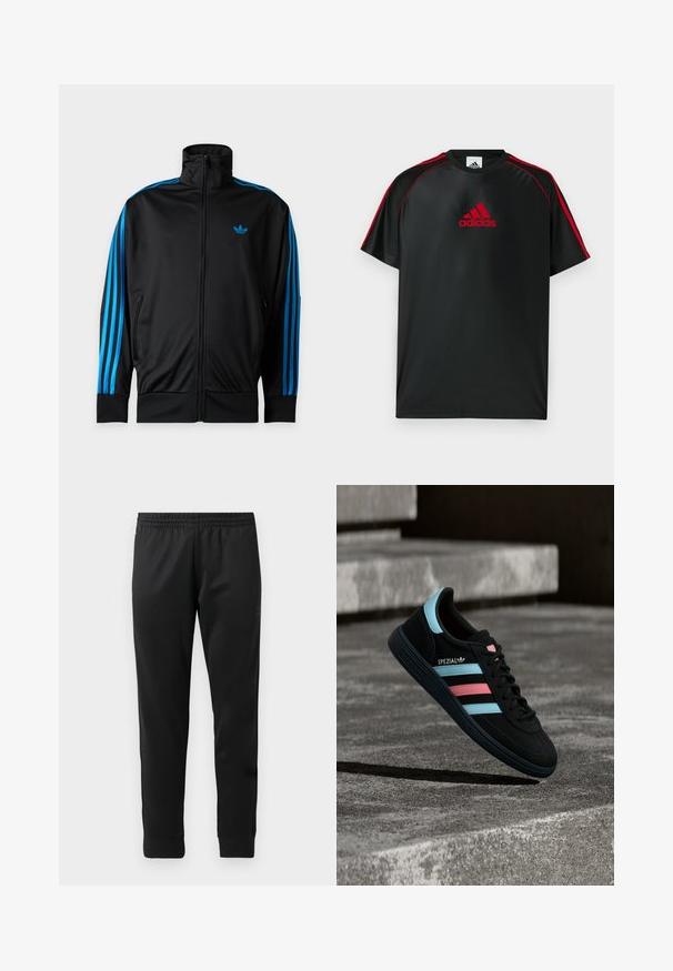 Schwarze Trainingsjacke mit Reißverschluss und hohem Kragen, blauen Streifen an den Ärmeln und kleinem blauem Adidas-Logo auf der linken Brust.; Schwarzes Sport-T-Shirt mit roten Akzenten und Logo. Hergestellt aus glattem, leichtem Stoff. Verfügt über einen Rundhalsausschnitt und kurze Ärmel.; Schwarze Sporthosen aus glattem Stoff, mit einem elastischen Bund, schmal zulaufenden Beinen und gerippten Bündchen an den Knöcheln.; Schwarzer Adidas Spezial Sneaker mit blauen und pinken Streifen, der über einer strukturierten grauen Betonoberfläche mit Schatten darunter schwebt.