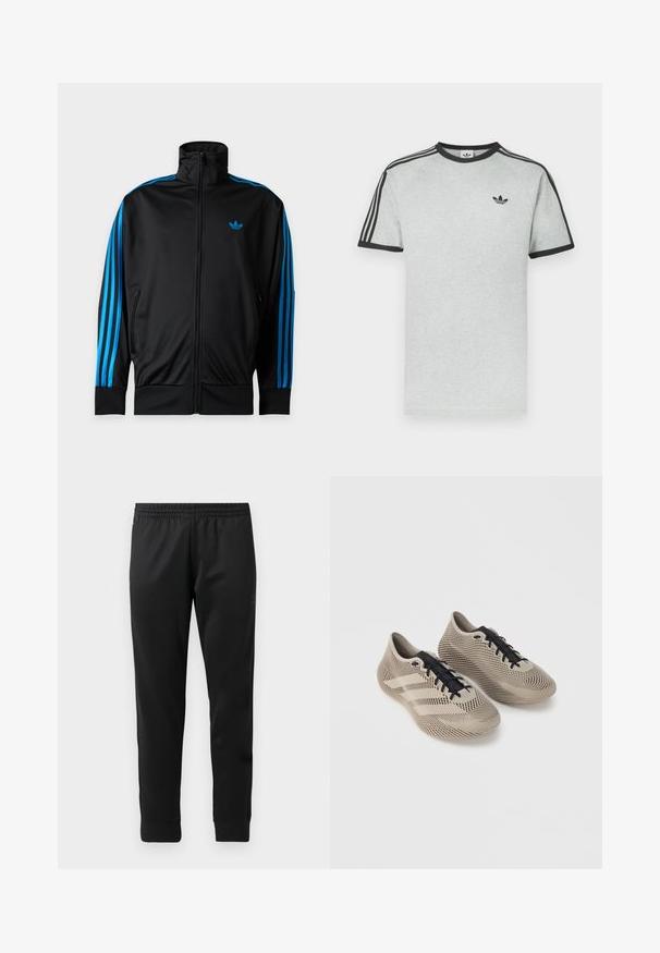 Veste de sport noire zippée avec col haut, bandes bleues sur les manches, petit logo Adidas bleu sur la poitrine gauche.; T-shirt gris avec accents noirs, doté d'un col rond et de manches courtes. Trois bandes noires sur les épaules, petit logo sur la poitrine.; Pantalons de sport noirs en tissu lisse, dotés d'une taille élastique, de jambes fuselées et de poignets en côtes aux chevilles.; Paire de chaussures de sport beige avec lacets noirs, présentant un motif rayé texturé et trois bandes latérales sur un fond uni.