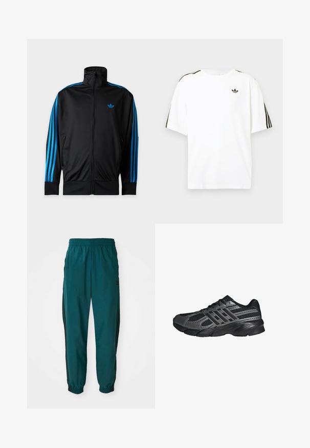 Sort træningsjakke med lynlås og høj krave, blå striber ned ad ærmerne og lille blåt Adidas-logo på venstre bryst.; Hvid bomuld t-shirt med korte ærmer, prydet med sorte tre-stribede detaljer på skuldrene og et lille sort logo på brystet.; Teal sportsbukser med snoretræk i taljen, elastiske manchetter og sorte striber på siden. Lavet af letvægtsstof med et logo nær hoften.; Sorte træningssko lavet af mesh og syntetiske materialer, med en tekstureret overflade, flere grå striber og en polstret krave.