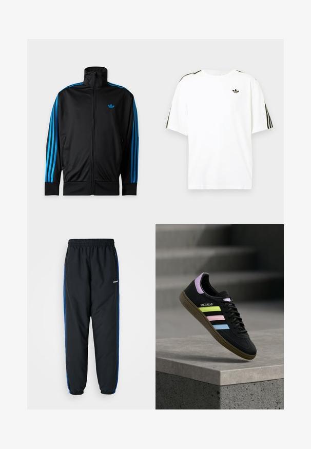 Zwarte trainingsjas met rits en hoge kraag, blauwe strepen langs de mouwen en klein blauw Adidas-logo op de linkerborst.; Witte katoenen t-shirt met korte mouwen, voorzien van zwarte drie-strepen accenten op de schouders en een klein zwart logo op de borst.; Zwarte sportbroeken met een elastische tailleband, blauwe zijstrepen, ritszakken en taps toelopende manchetten voor een strakke pasvorm. Gemaakt van lichtgewicht materiaal.; Zwarte Adidas Spezial sneaker met pastelgele, roze en blauwe strepen, lavendelkleurig hielhaakje en bruine zool, zwevend boven een betonnen richel.