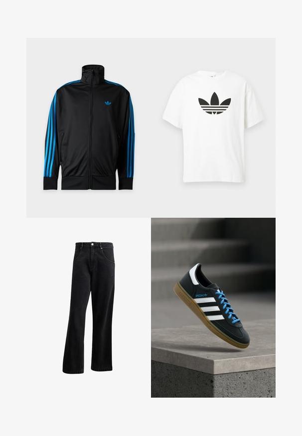 Zwarte trainingsjas met rits en hoge kraag, blauwe strepen langs de mouwen en klein blauw Adidas-logo op de linkerborst.; Witte katoenen t-shirt met een groot zwart Adidas trefoil-logo en drie horizontale strepen eronder. Korte mouwen, ronde hals.; Zwarte denim jeans met een recht gesneden ontwerp, voorzien van voorzakken, een knoopsluiting en een lichte textuur. Inclusief een subtiele logo-detail.; Zwarte Adidas-sneaker met witte strepen, blauwe veters en een gumzool die boven een grijze betonnen trede zweeft in zacht licht.