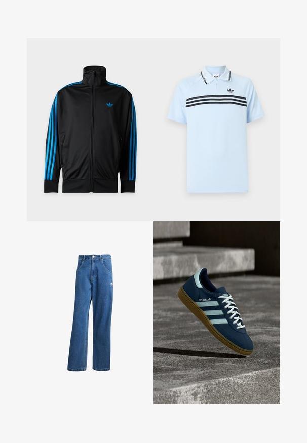Čierna športová bunda na zips s vysokým golierom, modré pruhy na rukávoch a malým modrým logom Adidas na ľavej strane hrudi.; Svetlomodrá polokošeľa z textúrovanej látky s čiernymi akcentovými pruhmi a čiernym logom na hrudi. Má golierový výstrih.; Modré riflové nohavice s vysokým pásom a širokým strihom, s prednými vreckami, pútkami na opasok, zapínaním na gombík a malým logom Adidas na pravej stehne.; Modré tenisky Adidas Spezial s bielymi pruhmi a šnúrkami, gumovou podrážkou, plávajúce nad drsným betónovým povrchom a schodmi v pozadí.