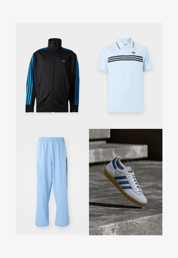 Must ZIP-kinnitusega spordijakk kõrge kraega, sinised triibud varrukatel ja väike sinine Adidas logo vasakul rinnal.; Helehall sinine polost särk, mis on valmistatud tekstuuriga kangast, mustade triipude ja musta logoga rinnal. Omab kraega kaeluse disaini.; Heledad sinised sportlikud püksid, mis on valmistatud siledast kangast, featuring elastne vöökoht ja kontrastsed mustad küljeribad.; Helehall Adidas Spezial toss tumedasiniste triipude ja kummipõhjaga, kujutatud õhus betooniastmete kohal neutraalses välistingimustes.