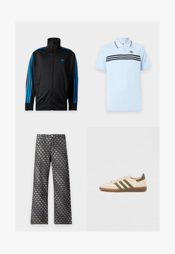 Veste de sport noire zippée avec col haut, bandes bleues sur les manches, petit logo Adidas bleu sur la poitrine gauche.; Polo bleu clair en tissu texturé avec des bandes noires en accent et un logo noir sur la poitrine. Présente un col à revers.; Pantalon à jambes larges en noir et gris avec un motif texturé de feuilles. Comprend un design classique à cinq poches et une fermeture par bouton en métal.; Baskets beige discrètes Adidas Spezial avec des bandes vertes, une semelle en caoutchouc et le logo "SPEZIAL" sur le côté, vues de l'extérieur.