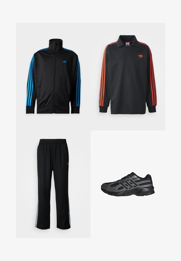 Čierna športová bunda na zips s vysokým golierom, modré pruhy na rukávoch a malým modrým logom Adidas na ľavej strane hrudi.; Čierny polo s dlhým rukávom a golierom, s červenými pruhmi na rukávoch a malým červeným logom na hrudi. Hladká textúra látky.; Čierne športové nohavice s elastickým pásom, s bielymi bočnými prúžkami a malým logom. Materiál vyzerá byť mäkký a ľahký.; Čierne športové topánky vyrobené z pletiva a syntetických materiálov, s textúrovaným povrchom, viacerými šedými pruhmi a polstrovaným golierom.