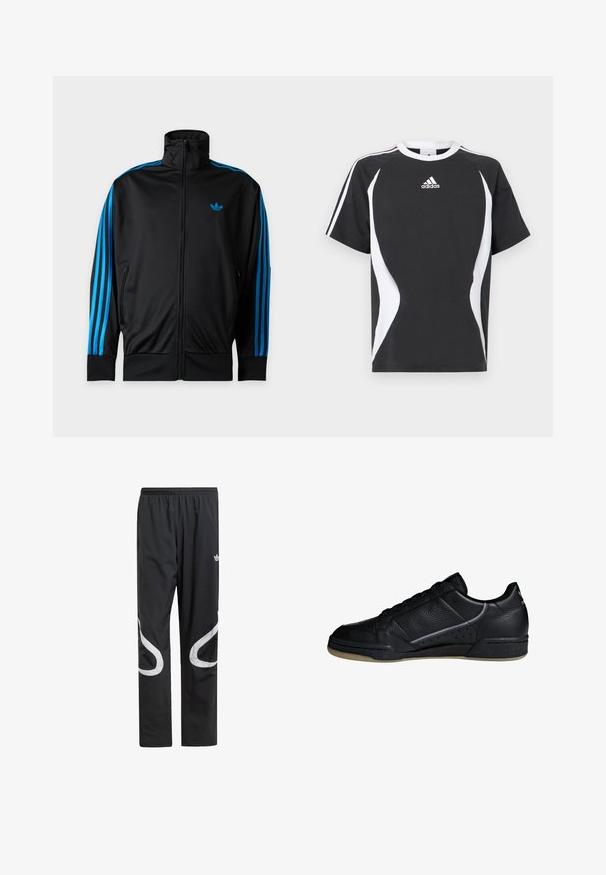 Čierna športová bunda na zips s vysokým golierom, modré pruhy na rukávoch a malým modrým logom Adidas na ľavej strane hrudi.; Čierne tričko s krátkym rukávom s bielymi dizajnovými prvkami a logom Adidas na hrudi. Vyrobené z mäkkej bavlnenej látky s okrúhlym výstrihom.; Čierne športové nohavice s elastickým pásom, s veľkými bielymi zakrivenými akcentmi po stranách a malým logom na hornej strane stehna.; adidas Originals CONTINENTAL 80 SHOES - Tenisky - black