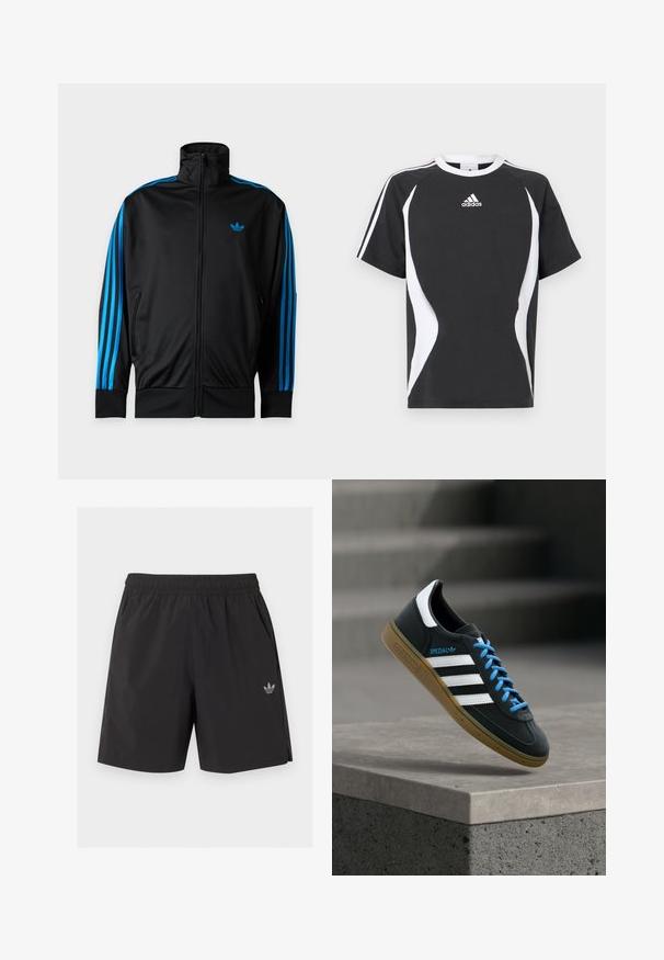 Veste de sport noire zippée avec col haut, bandes bleues sur les manches, petit logo Adidas bleu sur la poitrine gauche.; T-shirt noir à manches courtes avec des accents de design blancs et le logo Adidas sur la poitrine. Fabriqué en coton doux avec un col rond.; Short de sport noir à taille élastique avec poches latérales et petit logo Adidas sur la jambe gauche.; Baskets Adidas noires avec des rayures blanches, des lacets bleus et une semelle en gomme flottant au-dessus d'une marche en béton grise sous une lumière douce.