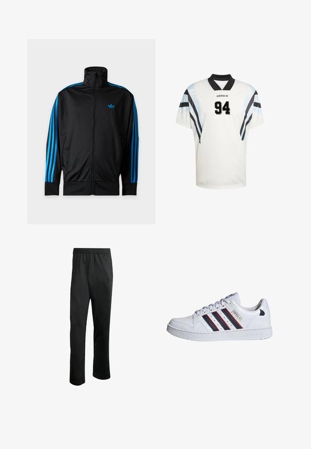 Sort træningsjakke med lynlås og høj krave, blå striber ned ad ærmerne og lille blåt Adidas-logo på venstre bryst.; Hvid sportstrøje med korte ærmer, sort krave og blå og sorte diagonale striber. Nummer "94" tydeligt vist i sort.; Sorte træningsbukser med en komfortabel elastisk livline, to sidelommer og et glat, let stof. Har diskrete logo detaljer.; adidas Originals Sneakers - white