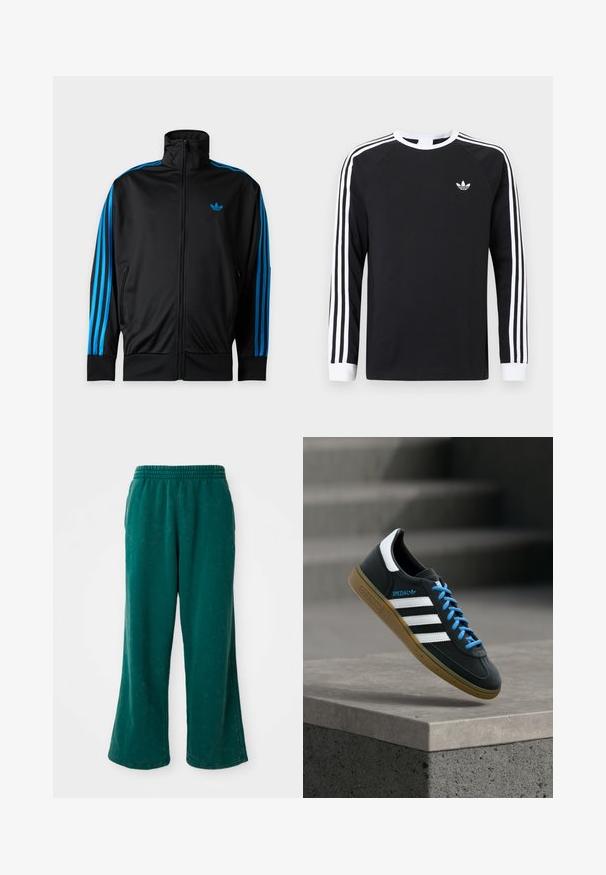 Chaqueta deportiva negra con cremallera, cuello alto, rayas azules en las mangas y pequeño logo azul de Adidas en el pecho izquierdo.; Camiseta negra de manga larga con diseño de tres franjas blancas en las mangas. Presenta un cuello redondo y un pequeño logo blanco en el pecho.; Pantalones de chándal verdes de pierna ancha con una textura suave, que cuentan con una cinturilla elástica y bolsillos laterales. Tejido duradero con un corte relajado.; Zapatilla negra Adidas con franjas blancas, cordones azules y suela de goma flotando sobre un escalón de hormigón gris con luz suave.