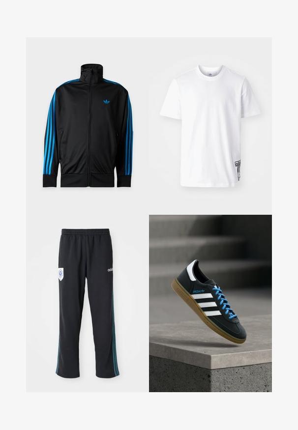 Schwarze Trainingsjacke mit Reißverschluss und hohem Kragen, blauen Streifen an den Ärmeln und kleinem blauem Adidas-Logo auf der linken Brust.; Weißes Baumwoll-T-Shirt mit kurzen Ärmeln, Rundhalsausschnitt und einem schwarzen Adidas-Logo-Patch auf der unteren linken Seite. Glatte Textur.; Schwarze Polyester-Sporthosen mit elastischem Bund, ausgestattet mit einem blauen Streifen an der Seite und einem Logo auf der linken Vorderseite der Hüfte.; Schwarzer Adidas-Sneaker mit weißen Streifen, blauen Schnürsenkeln und Gummisohle, der über einer grauen Betontreppe im weichen Licht schwebt.