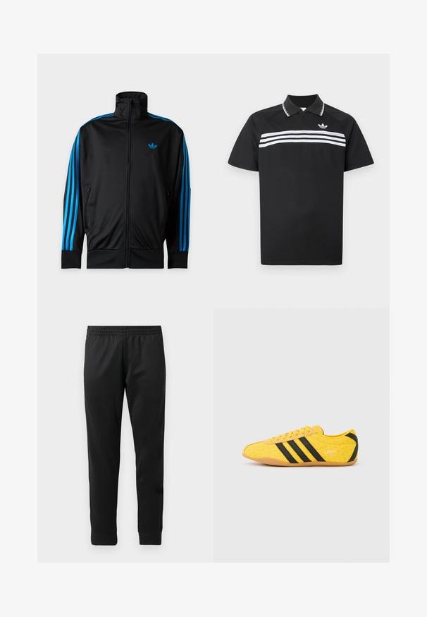 Sort træningsjakke med lynlås og høj krave, blå striber ned ad ærmerne og lille blåt Adidas-logo på venstre bryst.; Sort polo med lynlåskrage, der har tre hvide horisontale striber tværs over brystet og et lille logo øverst til venstre.; Sorte træningsbukser lavet af glat stof, med elastisk talje, tætsiddende ben og ribbede manchetter ved anklerne.; Gul atletiksko med en tekstureret overdel, der har sorte striber og logo. Rundt tå, blød sål og zigzag-mønster på materialet.